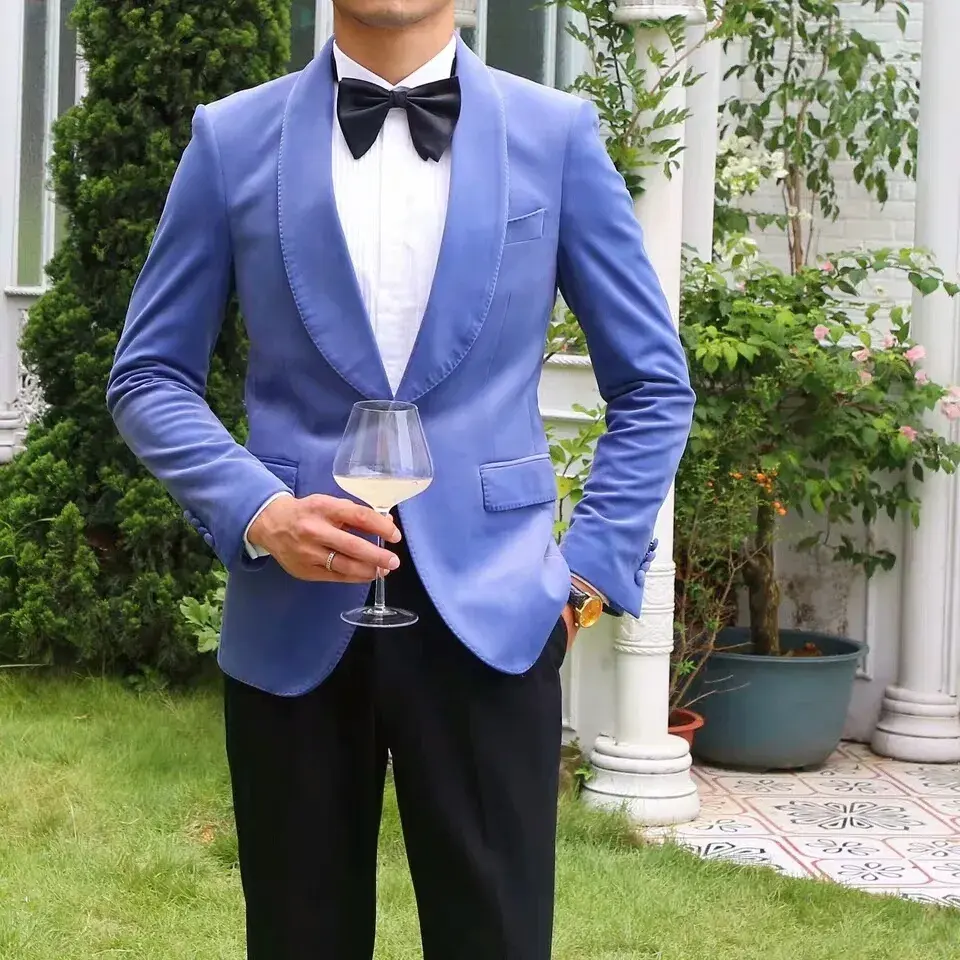 Trajes azules elegantes para hombre, esmoquin de novio, chal clásico de solapa, traje de boda para graduación, traje de un botón para hombre, 2 piezas (chaqueta + pantalón)