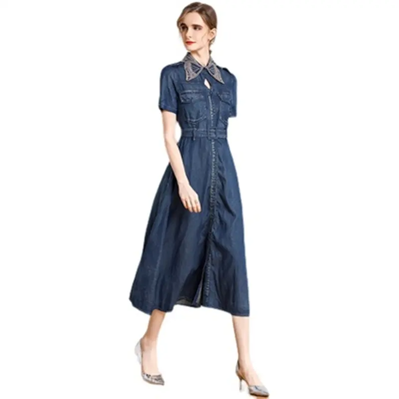 Retro Designer Embroidery Turn Down Collar Pockets Vintage Denim Dress Jean Midi Belt Casual Women Sexy Long Summer Dresses