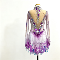 Costume de patinage artistique à franges dégradé violet et blanc, col montant, dos ouvert, strass, manches longues, pour adultes et enfants, compétition de danse sur glace