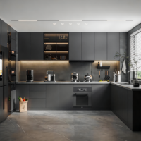 Armoires de cuisine peintes en bleu sur mesure, design moderne, résistantes à l'eau, installation facile