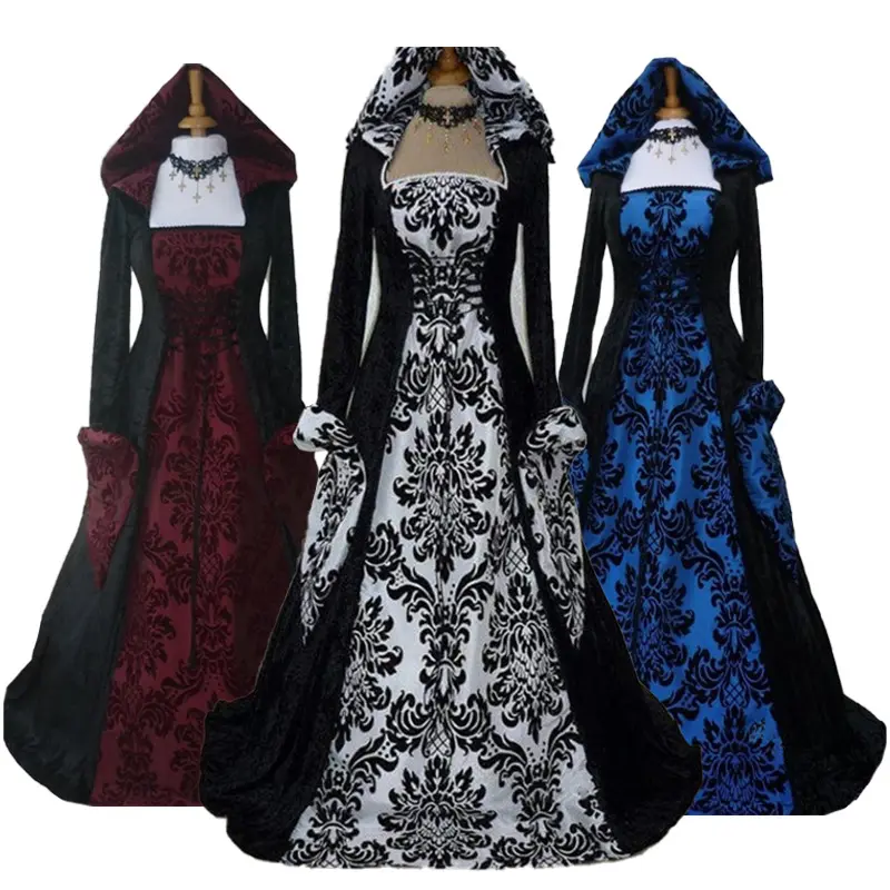 Renascentista vestido medieval feminino, vestido clássico medieval com capuz trompete manga elegante para mulheres roupa de festa S-5XL