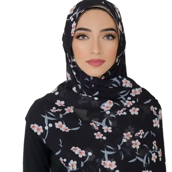 High Quality Fashion Soft Long Hijab Women Wrap Bubble Chiffon Floral Printed Shawls