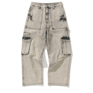 Été Style Hip Hop Hommes <span class=keywords><strong>Beige</strong></span> Vintage Distressed Cargo Denim Pants Mid Waist Straight Weaved Jeans - Product Image 3