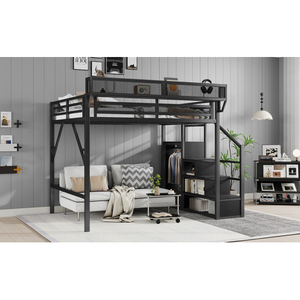 Black Metal Loft <b>Bed</b> Kids Bunk <b>Bed</b> Space Saving Raised <b>Bed</b> with <b>Side</b> <b>Rail</b> and Ladder for Bedroom - Product Image 4