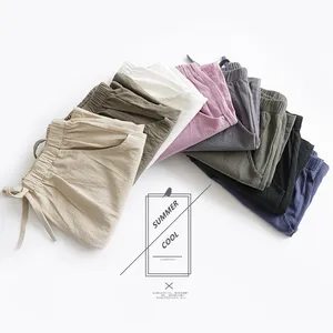 Celana Pendek Wanita Linen Katun Musim Panas Kasual Longgar Ukuran Plus Celana Pendek Pinggang Elastis