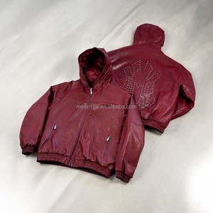 Custom Fashion Wear Pullover Leather Zip up <b>Jackets</b> Oversized Heavyweight Hoody <b>Rhinestone</b> Embroidery Pu Leather Hoodie Design - Product Image 1