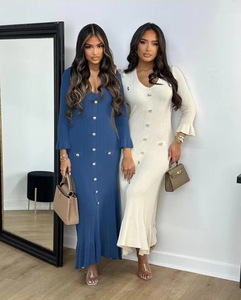 Women 2024 Autumn Winter Fashion Long Temperament V-neck Slim <strong>Button</strong> Down <strong>Solid</strong> <strong>Color</strong> Knitted Long Sleeved Dress - Product Image 6