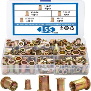 Rivet Nuts 155Pcs Assortment Kit Yellow Zinc Plated Threaded Insert UNC Standard Flanged Steel Rivet Nuts Set - Product Image 1