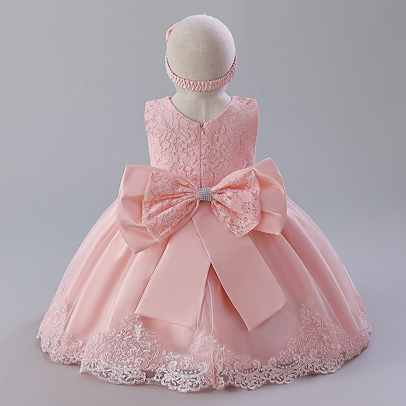 pink dress for baby girl 1st birthday Satin Girl Dress With Bow Toddler Kids 1st Birthday Party Prom Gown J806 Pink / child-14 main image 0