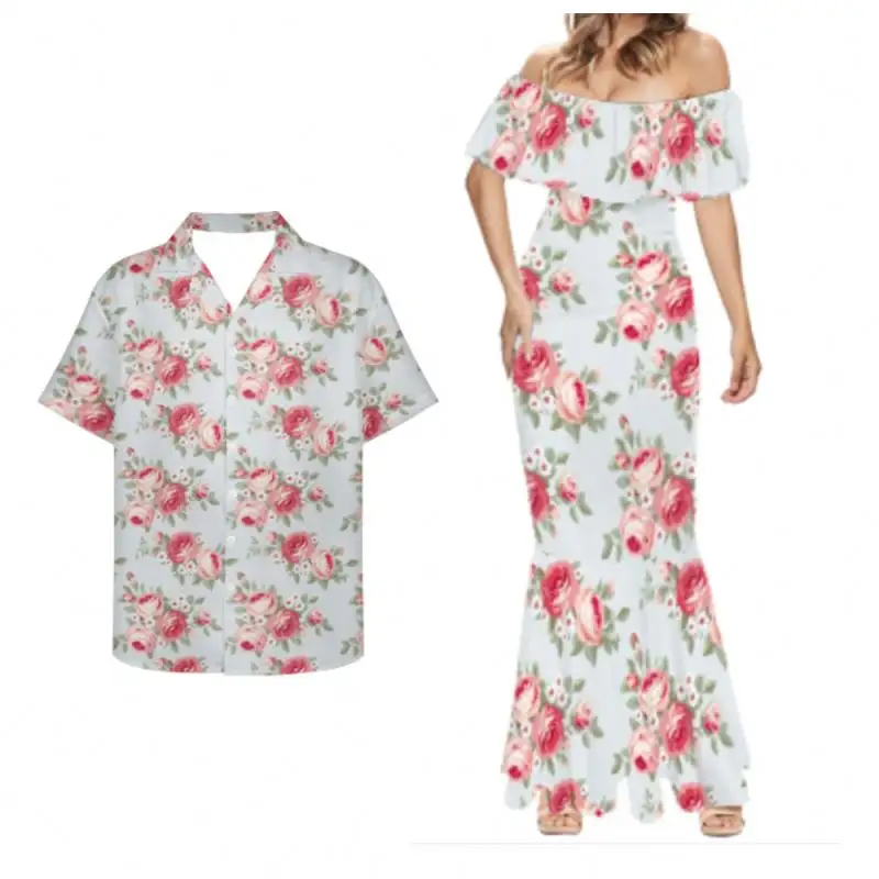 Grosir Floral Gaun Bahu Terbuka Ukuran Plus Gaun Pasangan Motif Bunga Mawar Polinesia Pakaian Wanita Gaun Malam Sederhana Cocok