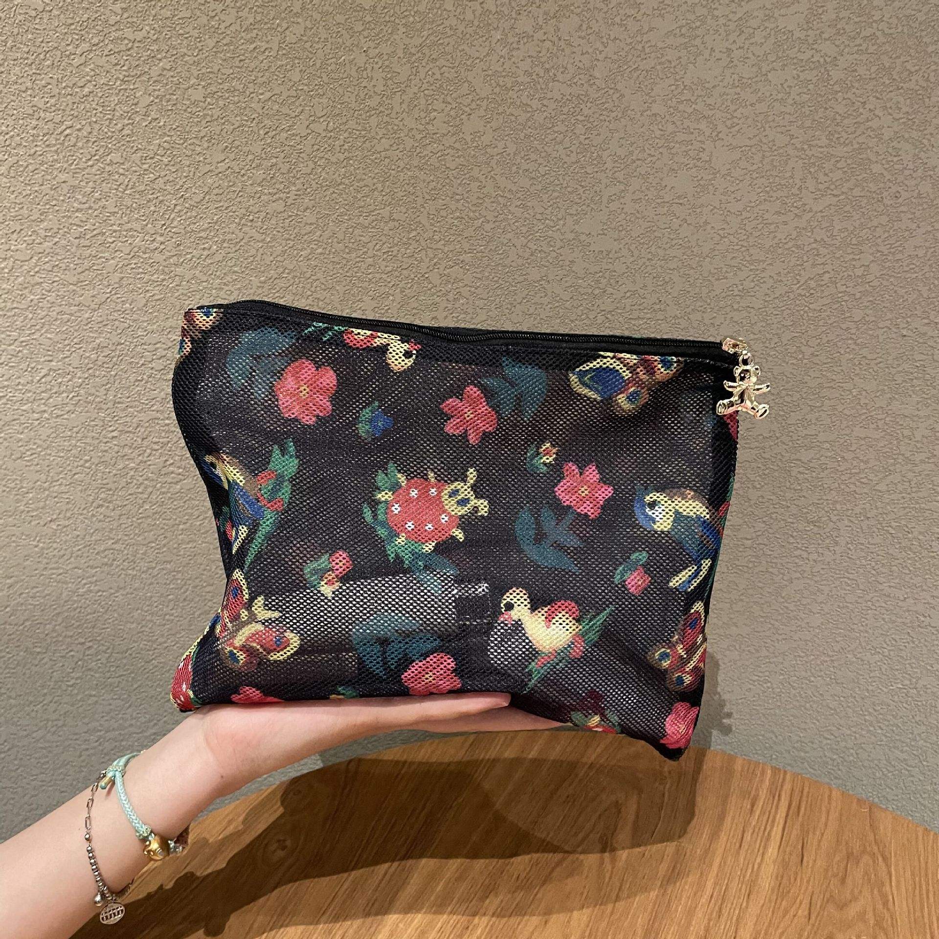 Sac en filet oiseau floral coccinelle noire