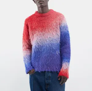 Mohair Blend Knit Pullover Men&#39;s Multicolor Mohair Sweater Custom Fashion Furry Round Neck Long Sleeve Standard Crew Neck