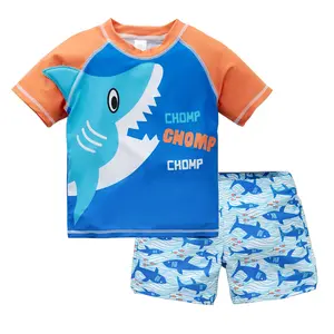 夏季2 pcs幼儿男童泳衣定制青年男童泳衣婴儿鲨鱼印花恐龙沙滩装皮疹护板短裤