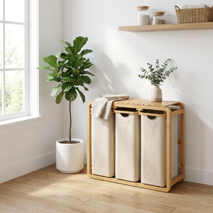 Cesto Portabiancheria in Bambù a 3 Scomparti con Coperchio, Sacchi Estraibili e Lavabili, Cesti Divisi per Lavanderia e Bagno - Product Image 2
