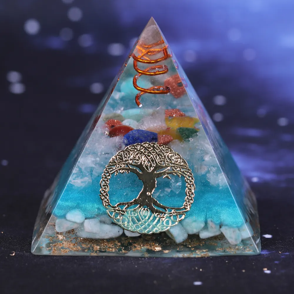 7 Chakra Kristal Orgone Pohon Kehidupan Piramida, Perhiasan Resin Amazonite, Generator Energi Piramida Iman