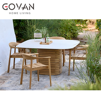 Nouvelle table à manger carrée moderne d'extérieur, mobilier de patio de luxe, résistant aux intempéries, pieds en teck, coussins imperméables, plateau en dalle de pierre