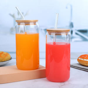الولايات المتحدة الأمريكية 16 أونصة واضحة مزدوجة الجدران مج بوبا شاي بالتصاميم زجاج علبة بيرة بغطاء خيزران وماصة بلاستيكية مكدسة كوب زجاجي - Product Image 4