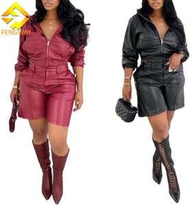 ชุด2ชิ้นสำหรับผู้หญิงแจ็คเก็ตแขนยาวมีซิปหนังเทียมมีฮู้ดแบบลำลองสำหรับฤดูใบไม้ร่วง2025 - Product Image 2