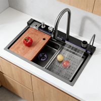 Évier de cuisine intelligent multifonctionnel avec affichage numérique LED, 5 touches piano, robinet cascade, 75 cm, en acier inoxydable, évier Tittok