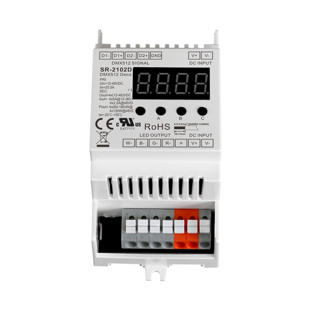 Sunricher DIN Rail RDM Enabled DMX512 Decoder 12-36VDC, Constant Voltage 4 PWM Output Channels 2KHZ SR-2102DIN
