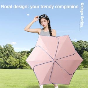 Parapluie de soleil et de pluie haut de gamme UPF50 avec logo personnalisé OEM, revêtement noir, poignée en forme de fleur, 6 baleines, 207g, pour femme, voyage, cadeau pour fille - Product Image 2