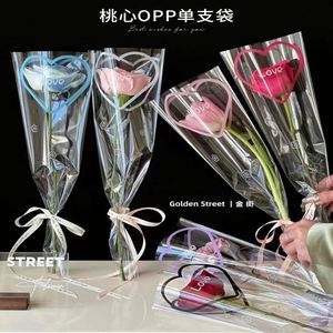 50 pièces/sac, sac à fleurs transparent en cellophane imprimé en forme de cœur, sac d'emballage pour fleurs fraîches, pour fleuriste - Product Image 3