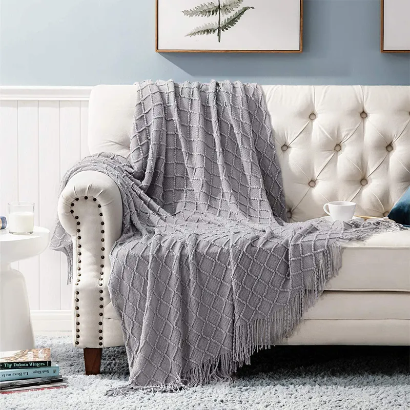 Wholesale Fringe Knit 100% Acrylic Textured Solid Home Chair Sofa Couch Bed Decor Throw Blankets