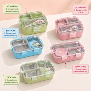 Cute Rectangle Stainless Steel Lunch Box 3 Compartments Portable Bpa Free Leak Proof Food <b>Container</b> with Clear <b>Lid</b> and Soup Jar - Product Image 3