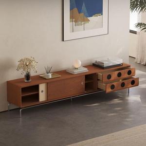 Meuble TV en bois massif de style vintage, design nordique rétro, beige, avec rangement, pour salon, support audiovisuel - Product Image 4