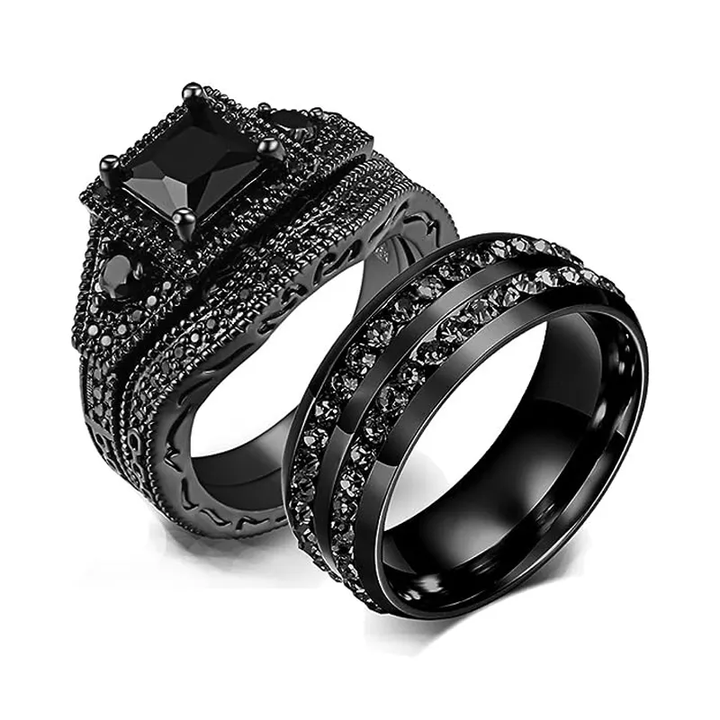Custom Couple Ring Bridal Set His Hers Black Gold Plated CZ Stainless Steel Wedding Ring Band Set