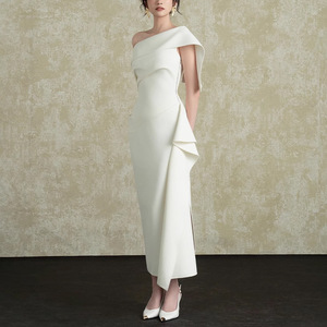 Abito Slim Fit Slim <span class=keywords><strong>con</strong></span> volant a collo inclinato della Socialite francese 2025 nuovo elegante abito <span class=keywords><strong>bianco</strong></span> <span class=keywords><strong>con</strong></span> <span class=keywords><strong>spacco</strong></span> - Product Image 2