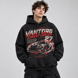 Felpa con Cappuccio Oversize Unisex Stile Racing, Effetto Vintage Nero, Grafica Auto da Corsa, Pullover Streetwear - Product Image 2