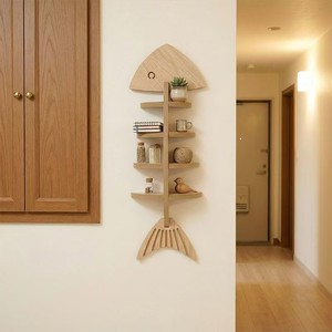 Wooden Fishbone Wall <b>Shelf</b> 4 Layers <b>Hook</b> Installation Living Room Storage Rack - Product Image 2