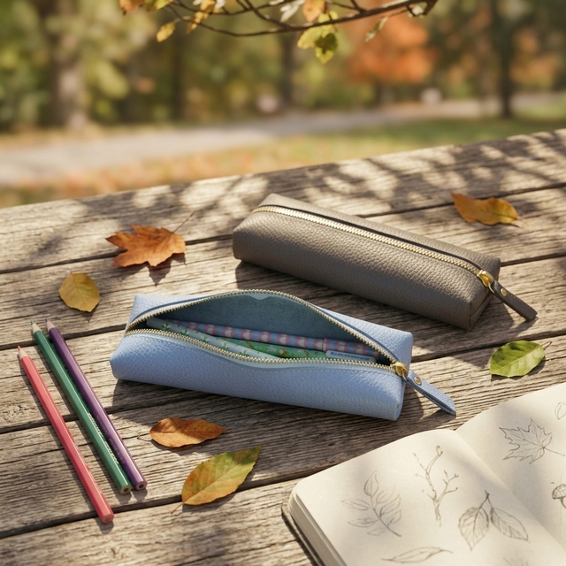 Cowhide Lychee Pattern Zipper Pencil Bag Korean Style School Stationery Case Genuine Leather Large Capacity Pencil Case