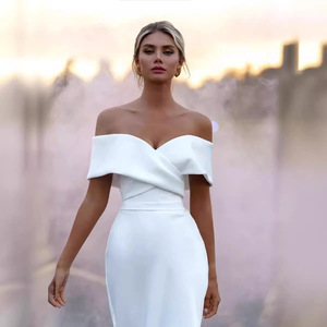 Off The Shoulder Satin Wedding Dress A Line Natural Waist White Bridal Gown Simple Style For Travel Photography - Product Image 4