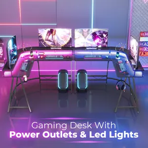 L Shaped Gaming Desk With LED Lights Power Outlets Computer Table With Monitor Shelves Office Desk Corner Desk With Cup Holder