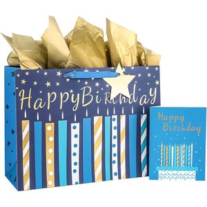 Birthday Gift <b>Bag</b> With Card And Tissue Paper Blue Gold Foil Candle Design 16 Inch Large Size For Birthday Celebration - Product Image 1