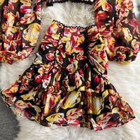 Ensemble deux pièces sexy en mousseline de soie pour femmes Hauts courts + Mini jupevolants Nouvelle collection Printemps Automne Sexy