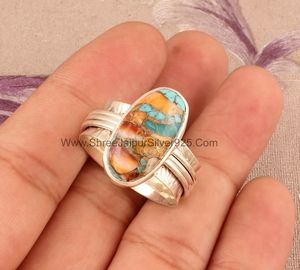 925 Sterling Silver Vintage Oyster Turquoise Gemstone Spinner Ring Sculptée à la main Poire Cut pour les mariages ou les fêtes des femmes - Product Image 2