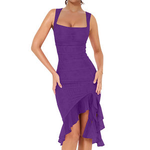 OEM <span class=keywords><strong>Robe</strong></span> sexy à ourlet plissé fendu pour femmes <span class=keywords><strong>Robe</strong></span> longue dos nu en maille plissée ajustée et ajustée sans manches de couleur unie pour les clubs de fête - Product Image 1