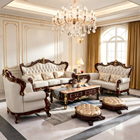 Ensemble de 123 meubles classiques en cuir de vachette, style européen, en forme de U, en bois massif sculpté, pour salon de villa de luxe, avec coussins en éponge, amovibles