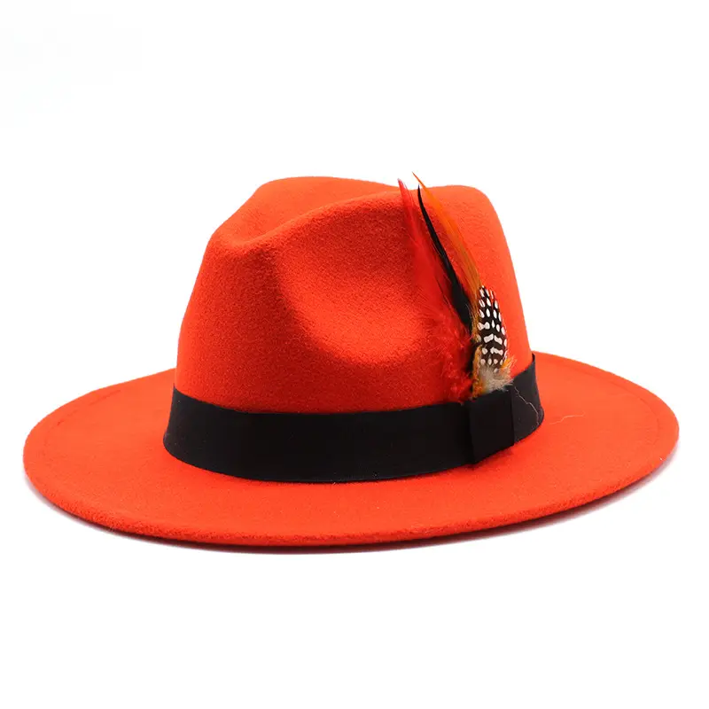 Unisex band jazz blaze orange felt fedora hat vintage men's handmade felted wool fedoras with feather