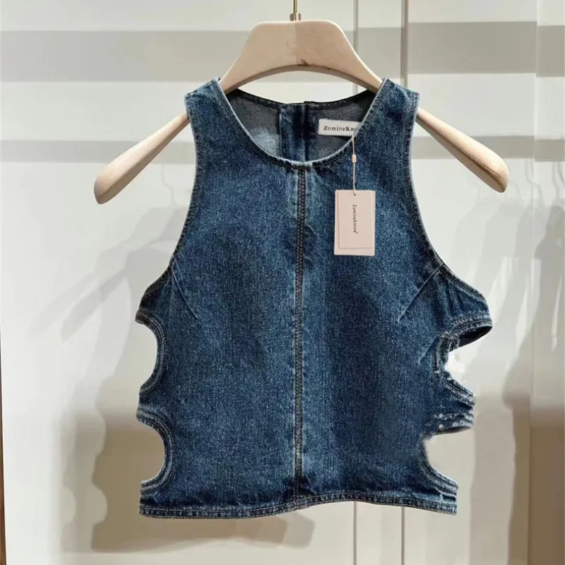 2023 mùa hè mới màu xanh denim yếm trong áo lót nữ không tay thiết kế cảm giác giản dị Rỗng ra ngắn vest Top