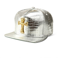 Gorra de Béisbol de Cuero PU con Logotipo Dorado Metálico, Casual, Unisex, con Hebilla de Cinturón, Estilo Hip Hop Rap, 5 Paneles, Gorra de Sol con Cierre a Presión para Hombre y Mujer