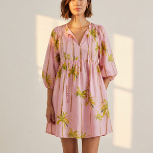 Robe d'été pour femme, style bohème, en coton rose écologique, imprimé palmiers, manches 3/4, ourlet évasé, style babydoll - Product Image 1