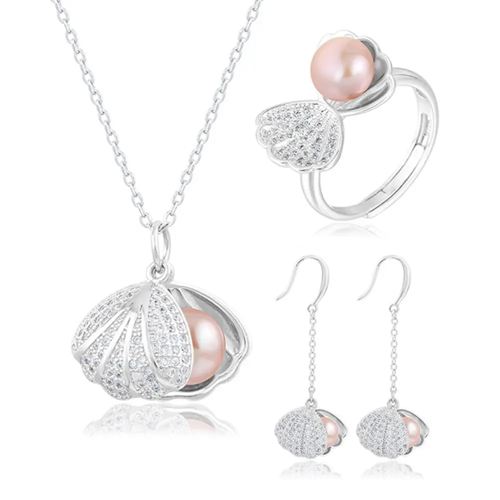 925 sterling silver fresh water pearl bead oyster necklace earring and ring jewelry set with shell jewelry