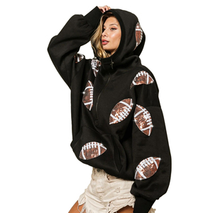 Fútbol negro media cremallera lentejuelas bordado Sudadera con capucha mujer ropa peso pesado bolsillo algodón de manga larga talla grande juego sudaderas con capucha - Product Image 1