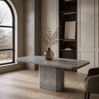 Table à manger moderne de luxe en pierre grise artificielle avec base sculpturale pour villa, restaurant, salon – Taille personnalisée acceptée