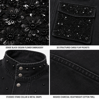 Veste unisexe à col montant, noire délavée et vieillie, avec accents en strass, quatre grandes poches plaquées, et design de coutures en V au dos