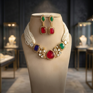 Parure de collier et boucles d'oreilles plaqué or avec perles d'imitation scintillantes pour mariée et soirée de fiançailles - Bijoux tendance pour femme - Product Image 3